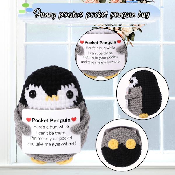 Hauska Taskupingviini-halaus, 6,6 cm neulottu positiivinen pingviini kortilla, tunteellinen tukivilla virkattu nukke perheelle ystäville kannustukseksi