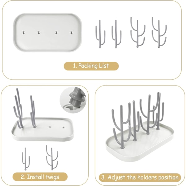 Flaske afløbsstativ, multifunktionelt flaskeopbevaringsstativ til tørring af flasker, sutter, kopper, genanvendelige flaskeholdertilbehør (grå) Grey