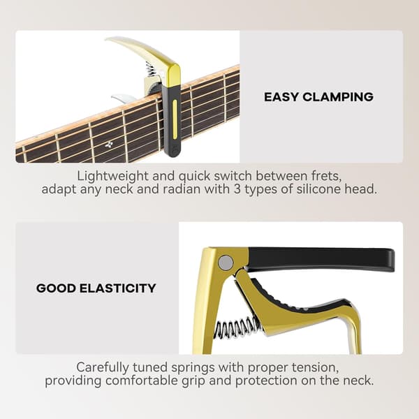 Gitarr capo, 4-i-1 capo med extraktor för bro stift, capo för gitarr bas ukulele banjo mandolin, 3 silikonhuvuden, guld Black