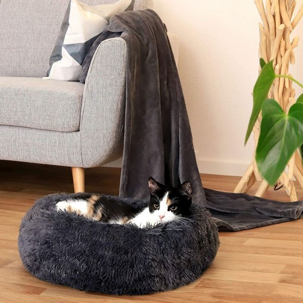 Cat and Dog Nest Pute Lang plysj sirkulær (mørkegrå) med en diameter på 40 cm vit
