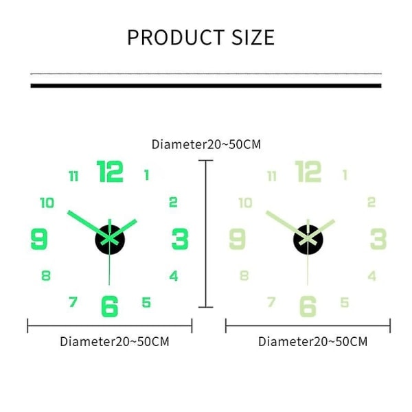 40cm Självlysande Väggklockor DIY Digital Klocka Självlysande Klocka Akryl DIY Väggklocka Vardagsrum Sovrum Väggdekal Klocka