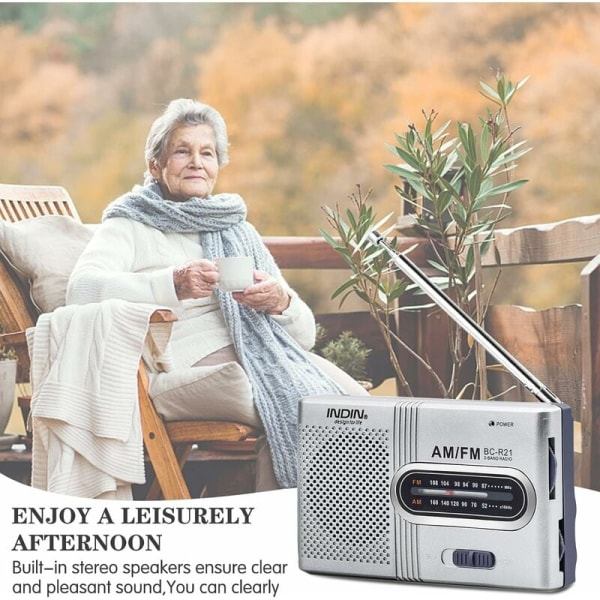 Bärbar radio liten radio Silver FM/AM (MW), extra stor inställningsknapp, miniradio med inbyggd högtalare, batteridriven
