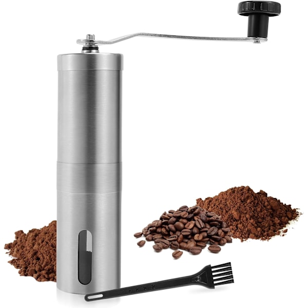 Manuel Kaffekværn Rustfrit Stål med Justerbar Keramisk Konisk Burr, Håndsving Kværn, Kompakt Størrelse Perfekt til Dit Hjem, Kontor eller Rejser
