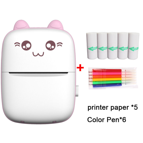 Mini bærbar student feil Skriver Meow Meow White/Powder (+5 ruller selvklebende, fargepenn) pink