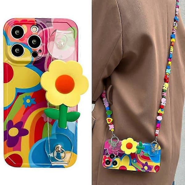 Tryckt telefonfodral för iPhone 13 Pro Max, blommönstrad klar handledsrem TPU-skal med axelrem