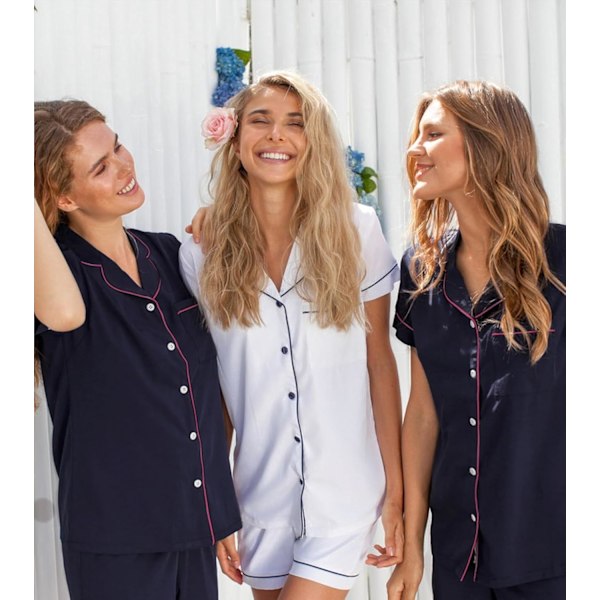 Dame Pyjamas Sæt Kortærmet Nattøj til Kvinder Natkjole med Knapper og Lommer XL Navy Blue