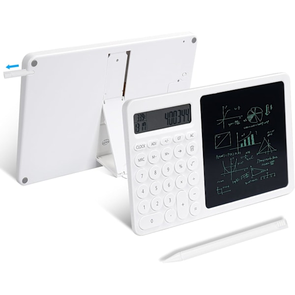 2 i 1 kalkulator med LCD skriveplate, skrivebords kalkulator med elektronisk kalender, tid og temperatur indikator, 10 siffer LCD display kalkulator