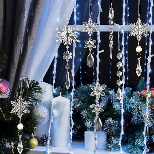 18 stycken kristalljulkulor för träddekorationer - Hängande akryl snöflinga iskristallkulor med hängen för kristalldekorationer