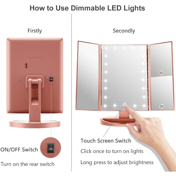 Tre-foldigt Makeupspejl, 21 LED'er og 2X/3X Forstørrelse, Touch-kontakt til Justering af Lysstyrke, Dobbelt Strømforsyningstilstand Makeupspejl (Rose Gold) Rose Gold
