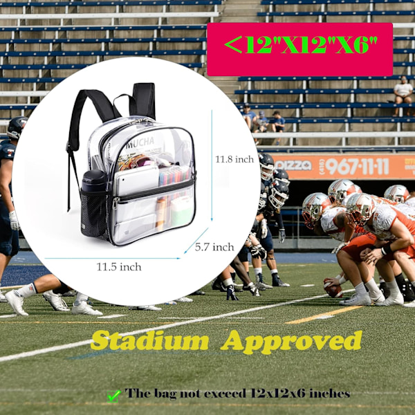 Mini läpinäkyvä reppu 12x12x6, stadionin hyväksymä muovikassi, musta, urheilu