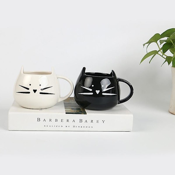 2-pack Söta Katt Kaffemuggar Set Keramiska Kattunge Te Koppar Par För Kattälskare 35 cl (Svart & Vit)
