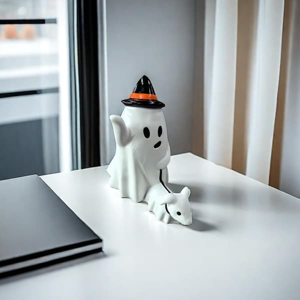 Halloween Spøkelsesstatue - Spøkelseharpiksstatue, søtt fingerornament, perfekt for innendørs og utendørs veranda Halloween-dekorasjon (E) E