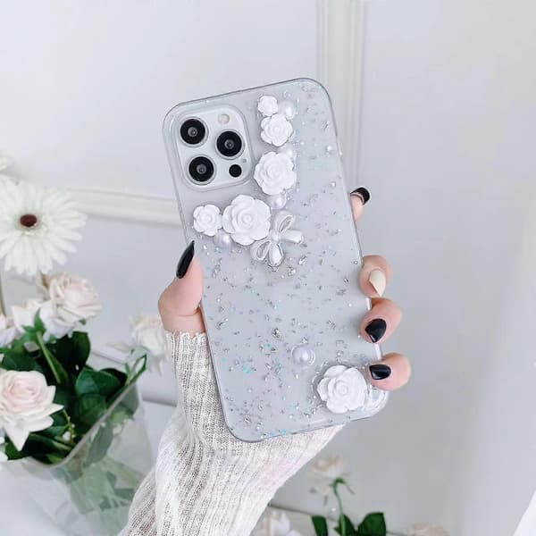 För iPhone 11 3D Pärlrosett Ros Glitter Epoxy TPU Telefonfodral
