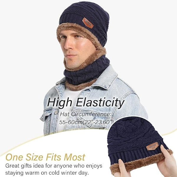 Vintervarm Hat Beanie Halsklæde Sæt Uld Strikket Beanie Vinter Beanie og Loop Halsklæde med Tykt Fleecefor til Mænd og Kvinder Grey