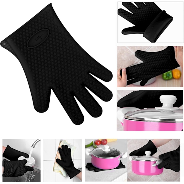 2 Silikonugnsvantar för kök, grillhandskar, set, par, grytunderlägg, ugnshandskar värmebeständiga svarta Black