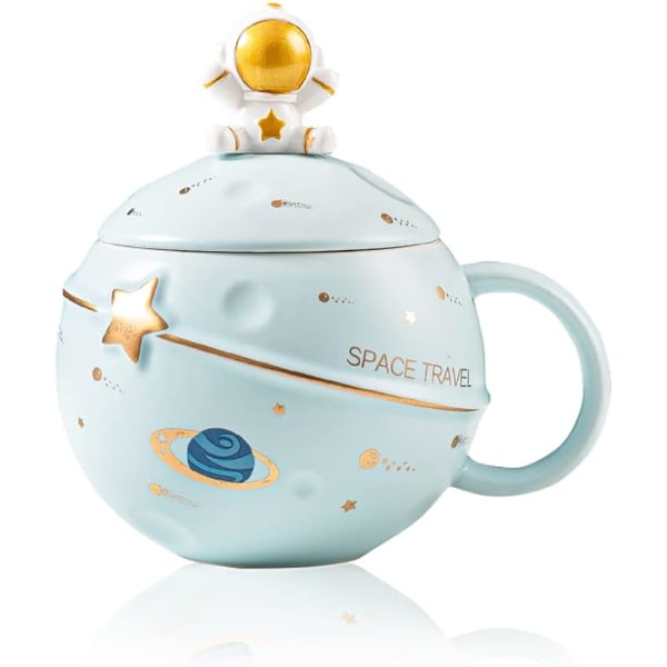 Kawaii Astronaut Mugg Rym Präglad Planet Mugg, Söt Keramisk Kaffe Mugg, Nyhet Mugg med Lock och Sked för Kaffe, Te, Mjölk Blue