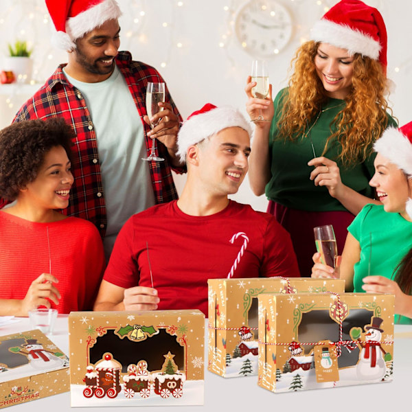 12 st julgodisboxar med fönster, söta stora julklappsaskar med presentlappar och kraftpappersrep julbröd godisgåva munkboxar