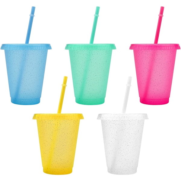 Gjenbrukbare plastkopper 5 stk drikkebeger fargede akrylkopper med lokk og sugerør plast bulk isplast kaldtvannsbeger is 500ml B