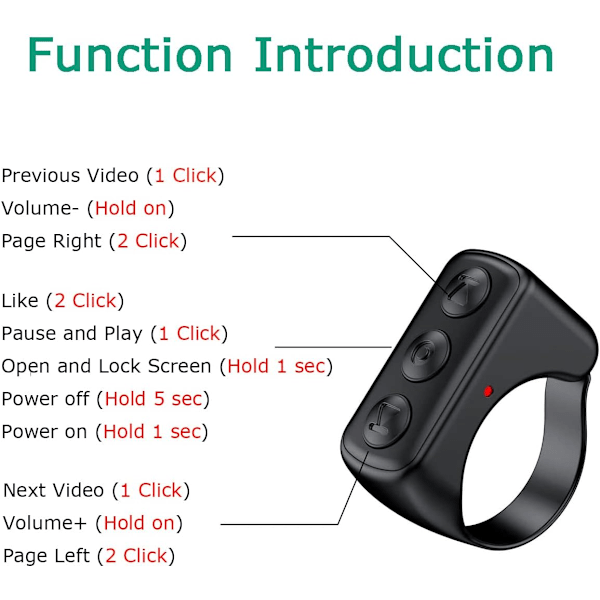 Bluetooth-fjärrkontroll med rullningsring, för TIKTOK-sidvändare Trådlös fingertopp Gadget Shutter Clicker Uppladdningsbara selfies Black