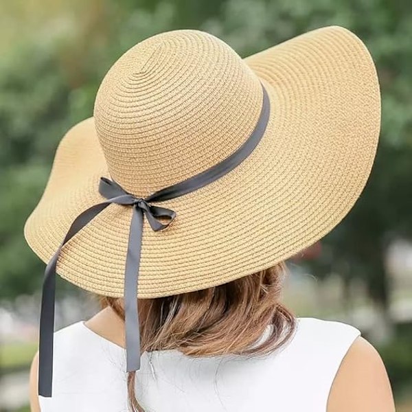 Dame Solhat Sommer Strandhat Floppy & Foldbar med Stor Bred Skygge & Sløjfe Bånd UPF50.