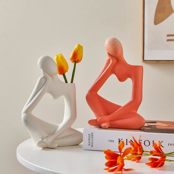 Tænker Vase Statue, Abstrakt Figur Blomsterkrukker Dekorative, Bordplade Vase, Moderne Kunst Vase, Abstraktion Blomster Vase, Nordisk Tænker Statue (Hvid) White