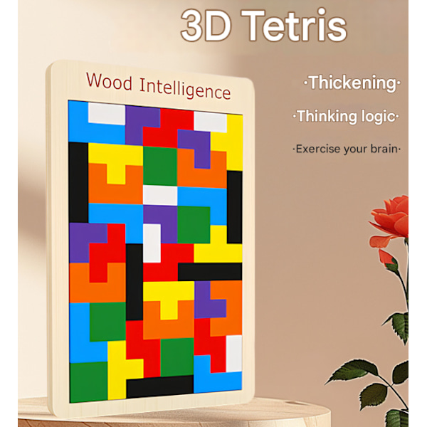 Tetris Pussel 3D Trä, Pusselspel med Färgglada Geometriska Block, Montessori Leksaker för Barn 3 4 5 År Gamla, Intelligens Hjärna Jigsaw