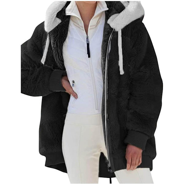 Hættejakke til kvinder, Teddy Fleece-frakke, Overgangsjakke med hætte og lommer, lynlås, efterår, vinter, plysjakke, fleecejakke, vinter 4XL A Black