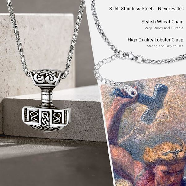 Thorin Mjolnir-vasara riipusriipus, pohjoismainen viikinkikirves piikikettulla, ruostumaton teräs 03. Color Platino