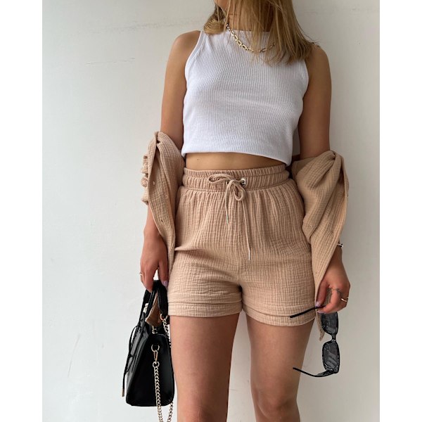 Crinkle Collar Langermet Skjorte med Høy Midje og Snøring Shorts Mote Casual Todelt Sett Dame Khaki S