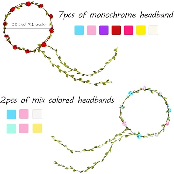 9 stk blomsterkroner flerfarget girlander fest hodeplagg strand reise hårtilbehør simulering rose skog pannebånd girlander