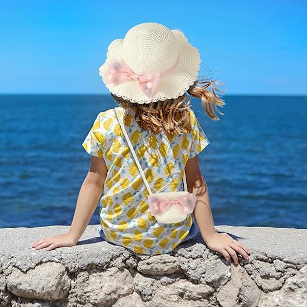 Pige Solhat og Mini Cross Body Taske Sæt Blomst Børn Stråhat Sommer Strand Pige Stråhat og Mini Pung Sæt Sløjfe Solhatte til Børn Pige