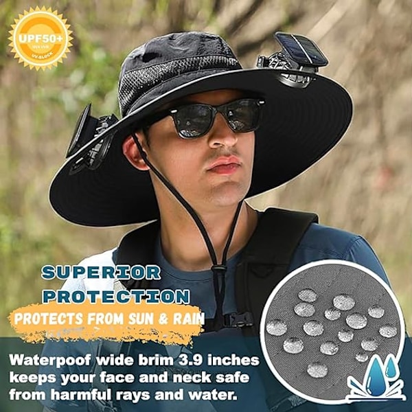 Bredbrättad Solhatt för Utomhusbruk med 2 Solfläktar, Solhatt för Män och Kvinnor UPF 50+, Fiske- & Strandhatt med Inbyggd Fläkt Z-light Grey