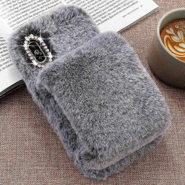 til iPhone 11 Case Søde Piger Blød Kunstpels Glitter Diamant Pelsede Fluffy Handske Silikone Telefon Cover Case til iPhone 11 Case Grå