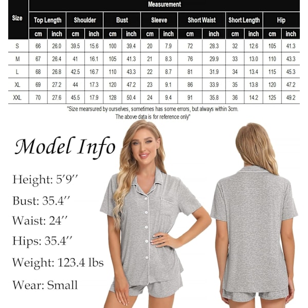 Dam Pyjamas Set Kortärmad Nattkläder Dam Knapp Ned Nattkläder PJ Set med Ficka XL Grey
