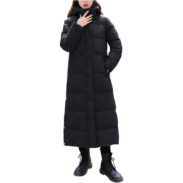 Svart vinterjacka för kvinnor Lång varm dunjacka med luva /XL black XL
