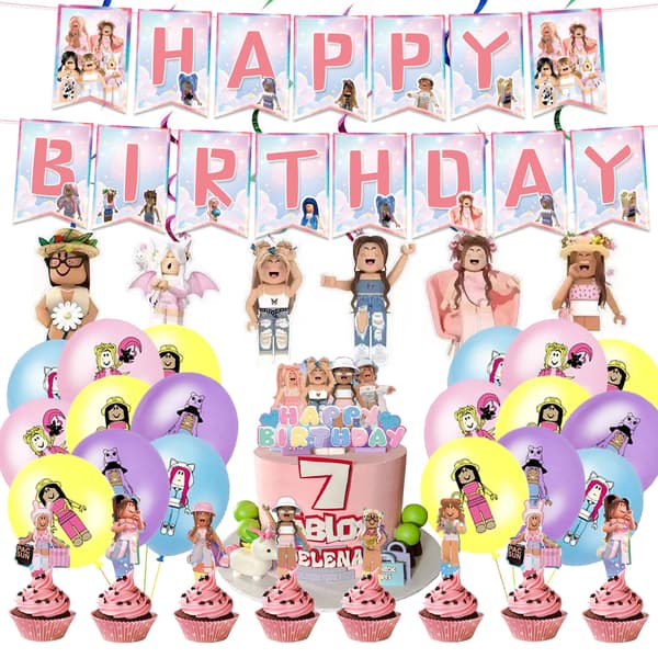 Rosa Roblox-tema ballong bursdagsfest banner kake dekorasjon