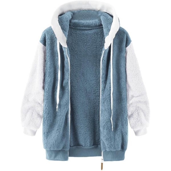 Hættejakke til kvinder, Teddy Fleece-frakke, Overgangsjakke med hætte og lommer, lynlås, efterår, vinter, plysjakke, fleecejakke, vinter 4XL E Blue
