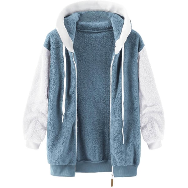 Hettejakke Dame Teddy Fleece Frakk Overgangsjakke med Hette med Lommer Glidelås Høst Vinter Plysj Jakke Fleece Jakke Vinter 4XL E Blue