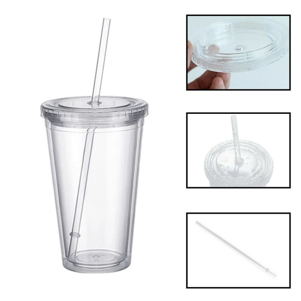Återanvändbara plastkoppar Dubbelväggig transparent drickskopp med sugrör Återanvändbara koppar Lämplig för fruktjuice