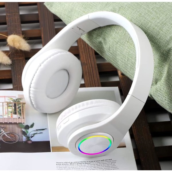Trådlösa Bluetooth-hörlurar - Färgglada ljus/Vikbara/Stor batterikapacitet/Inbyggd mikrofon - Bluetooth 5.0/10 m räckvidd/Stereo surround White