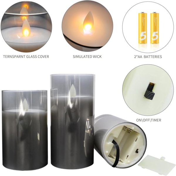 Led Flamlösa Ljus, Batteridrivna Flimrande Ljus Pelare Äkta Vax Flamma Set Glas Effekt med Fjärrkontroll