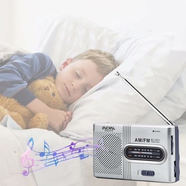 Bärbar radio liten radio Silver FM/AM (MW), extra stor inställningsknapp, miniradio med inbyggd högtalare, batteridriven