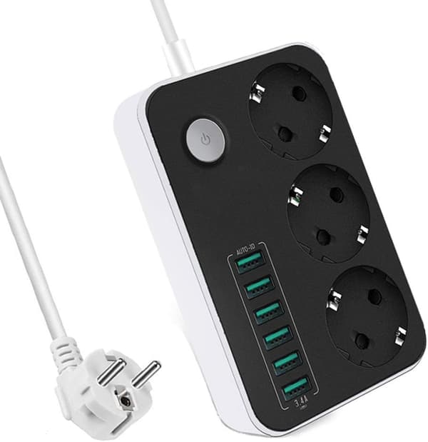 Stikdåse med 6 USB-porte, kabel med overbelastningsbeskyttelse