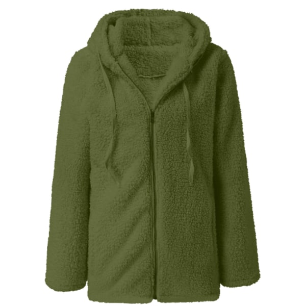 Dame Plysjakke med Hætte Fluffy Fleece Hættejakke Top Vinter Varmt Casual Hærgrøn Farve M Army Green M