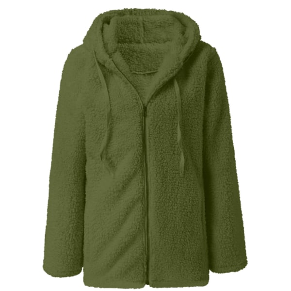 Dame Plysjakke med Hætte Fluffy Fleece Hættetrøje Top Vinter Varmt Casual Hærgrøn Farve 2XL Army Green 2XL