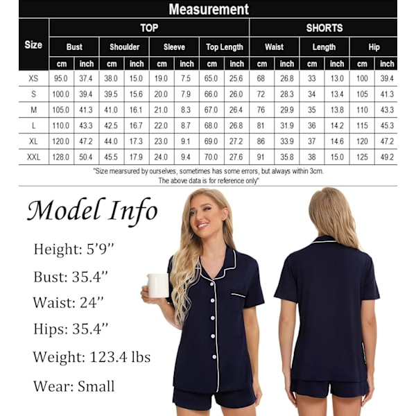 Kvinnors Pyjamas Set Kortärmad Nattkläder Dam Button Down Nattkläder PJ Set med Ficka S Navy Blue White Trim