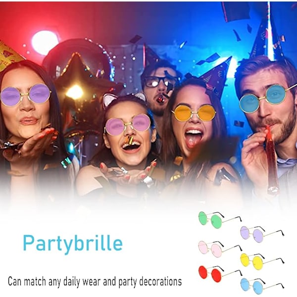 6 Paria Hippie-tyylistä Pyöreää Aurinkolasia, Hippie-lasit, Retro Pyöreät Aurinkolasit, Juhla-aurinkolasit, Pyöreät Aurinkolasit