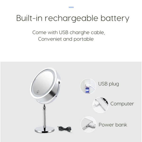 1X/10X Förstorande Sminkspegel med Belysning, 7 Tum Dubbelsidig Vit Dagsljus LED Skuggfri LED Sminkspegel, Batteri- och USB-kabeldriven
