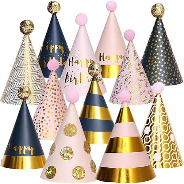 Födelsedagspartyhattar - (12-pack, Flerfärgade, 18cm) - Färgglada konformade festliga huvudbonader för minnesvärda fester - Tillbehör & Dekorationer B