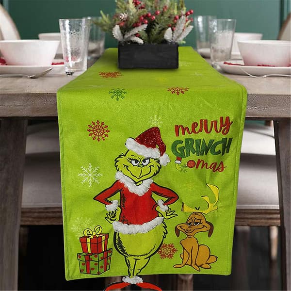 Julebordløper med Grinch-trykk, duk til hjemmet, flagg til middagsbordet, julepynt